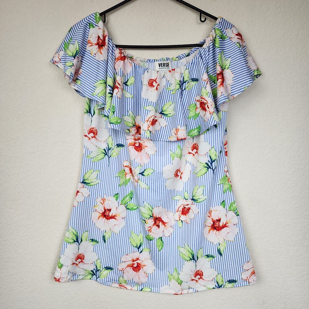 Verse Floral Striped Blue White Blouse
